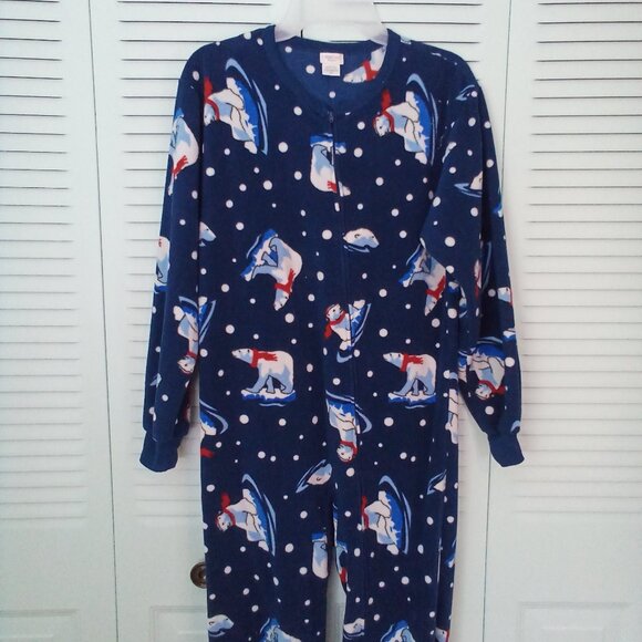 CHEROKEE L (12-14) NAVY FLEECE FOOTIE PAJAMAS POLAR BEAR FULL ZIP SLEEPER COZY - Picture 6 of 10